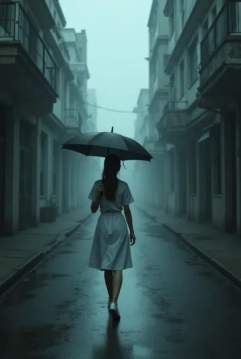 a nurse walking down a deserted and shady street with an umbrella in her hand