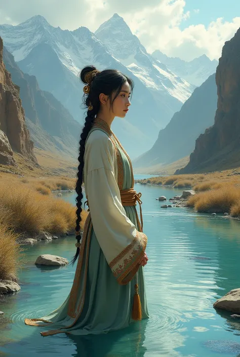 The girl in river mountain tibet
