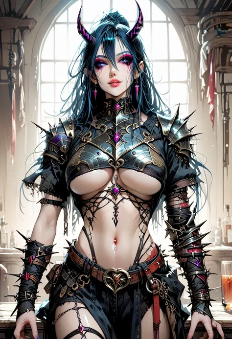 Create an image of the most stunningly gorgeous beautiful kijin, Stunningly gorgeous perfect face,  perfect makeup, detailed perfect silky smooth skin texture, detailed hour glass body figure, very long styled hair,  (black kijin armor spiked), ((underboob...