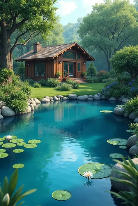 blue pond behind home realistic