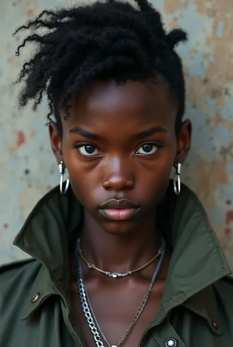 hello, Could you create for me a twenty-five-year-old ex-military character with black skin cut mullet silver earrings in the ear with a punk rock style