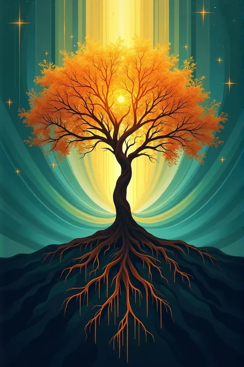 Create a visually stunning abstract illustration with a focus on themes of growth and resilience. Use vibrant gradient colors like gold, deep blue, and emerald green to symbolize positivity and transformation. Include a central element such as a tree with ...