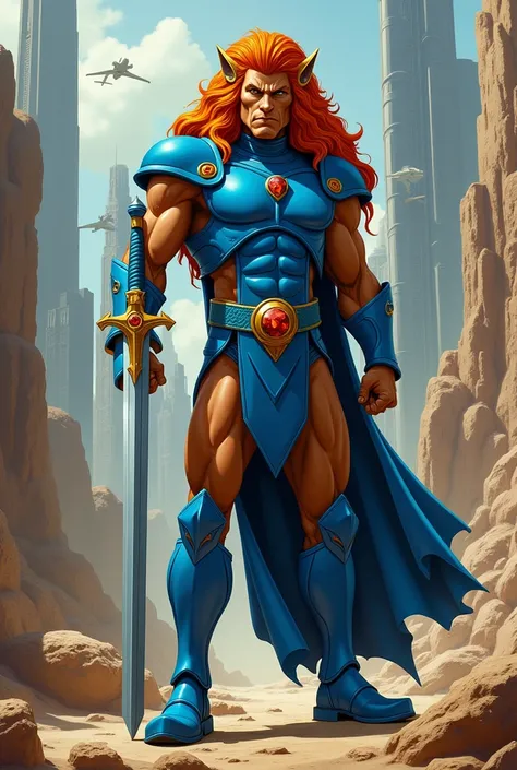 Lion-O, the leader of the ThunderCats, in a powerful and confident pose, inspired by 80s Dolph Lundgren, long orange hair Wearing his classic bright blue armor with the Sword of Justice in hand, he finds himself in a futuristic 50s setting, with ancient ru...