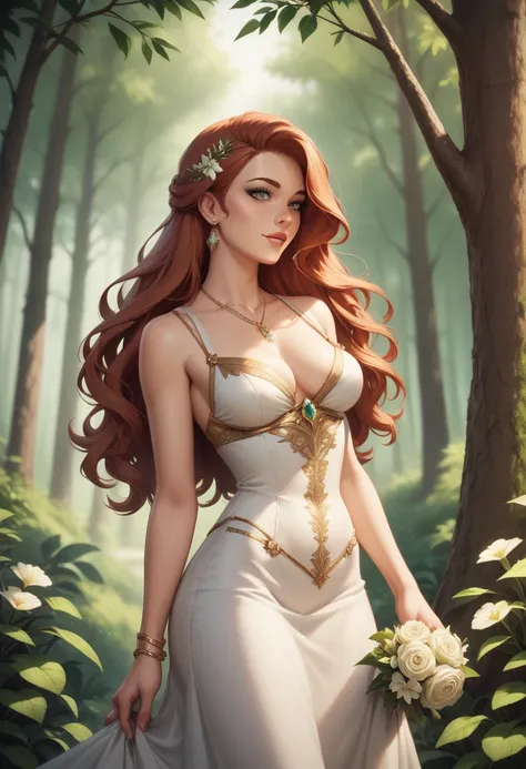 A highly detailed portrait of a young woman standing in a serene forest clearing. She has long, flowing auburn hair that catches the soft sunlight filtering through the trees. Her eyes are bright green, filled with curiosity and a hint of mischief. She is ...