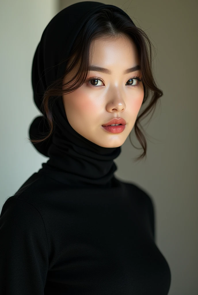 Magazine cover with title  : "popular"  pictured beautiful asian woman wearing black hijab, and elegant high collar woll sweater posing ,detail,ultra realistic,photography,ultra HD.