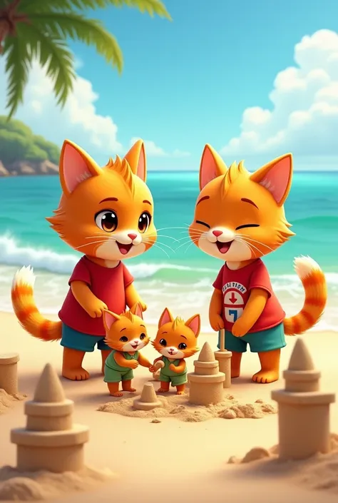 AnYoung orange cat mom wearing red shorts and a red A T-shirt , an Young and strong  orange cat dad wearing blue shorts, and two Cute orange kittens wearing green shorts They build sandcastles on the beach. .The environment is beautiful, the waves are comi...