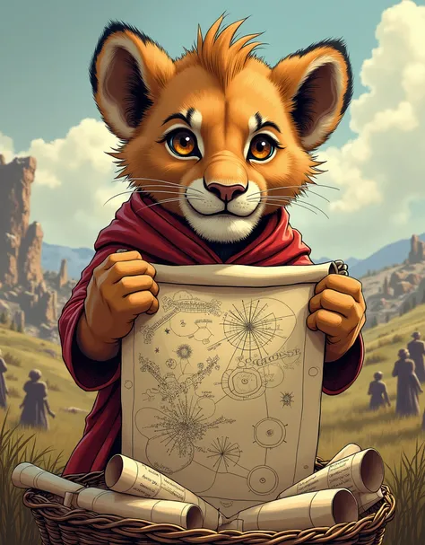 create a comic style (REALISTIC), 2d page, CUTE lion cub  (middle age )that showing an open battle scroll, map on scroll and some scrolls are also there in basket near him, battle field background