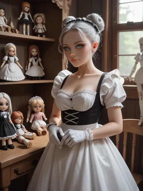 Female Doll, Maid dress, doll limbs, dress mannequin body, hair in a bun, doll body, Silver hair, Soft eyes, 2D art, Line art, Doll face, made of wood, Human Doll