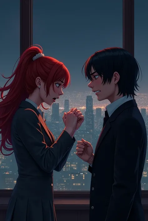 In a dark room with a view of the city at night in the background you can see a red-haired woman arguing angrily and demanding a man with straight black hair,  realistic style 