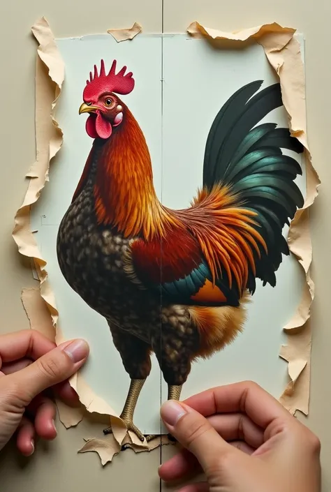 There is a  tearing and pasting a picture of a chicken