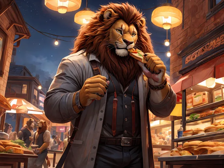 lion, brown fur, solo, paw pads details, cover page, top quality, paid reward available, unparalleled masterpiece, perfect artwork, Eating a sandwich, at night, in Food court, curious, easygoing, masterpiece, (16K), HD, Various facial details, detailed bac...