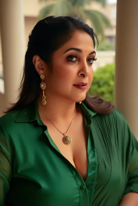 Voluptuous indian woman 50 yo, day, closup, thick, long locket, thin gold chain,green silk shirt,green satin,  long hair, slim face, deep down blouse, ponytail, balcony, smiling, semi nude