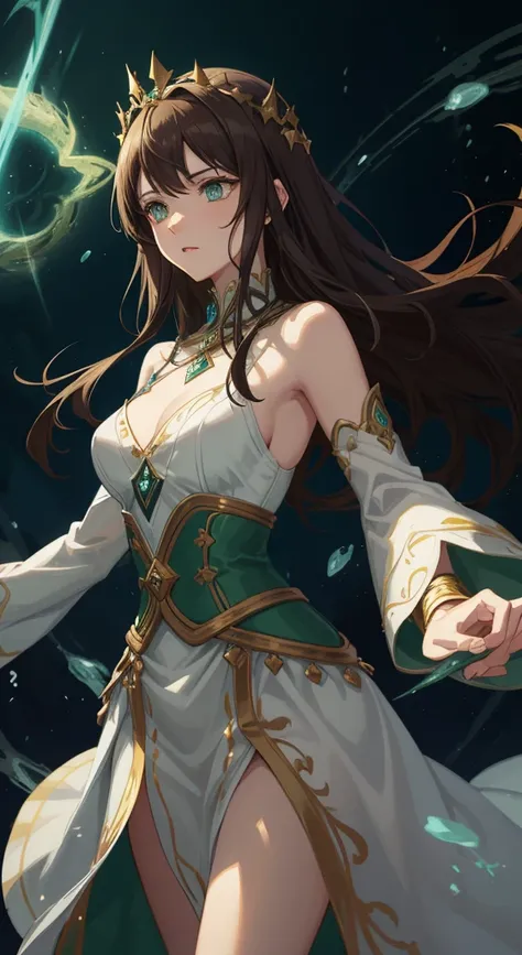 A beautiful woman with green eyes and brown hair she is a sorceress wearing noble white and gold robes A princess of magic and a sad look of dramatic concern Expressive Green lights and elemental magic Elements of Nature Greatness A background full of magi...