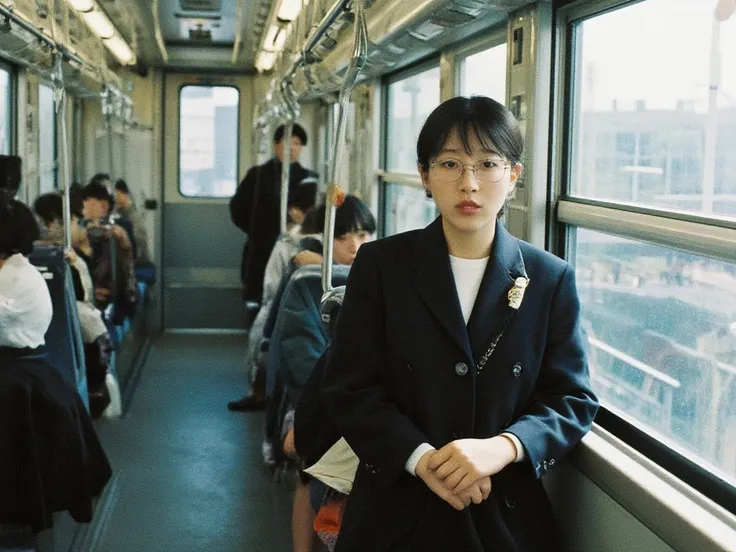 ((masterpiece))、 (( top quality ))、Japan、 Aggressive Atmosphere 、A middle-aged woman wearing glasses who wont give up 、 despite a crowded train is yelling at a middle-aged woman standing still to give up her seat。