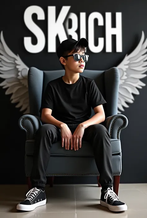 Create a square frame 3D illusion for a Instagram profile picture where a boy in a black shirt sits casually on a Wingback Chair. Wearing sneakers, a black cricket cap, and sunglasses, he looks ahead. The background features "SK RICH " in big and capital w...