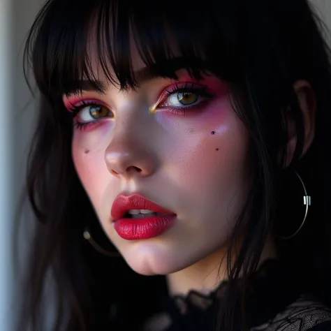 (((ultra realistic))) Photo, masterpiece, top quality, (pale skin), (Ultra detailed face and eyes:1.3), 1 girl, Adult, ((she is wearing lace outfit, ((Eye makeup, pink mascara)), ((very large detailed lips)), ((Pink волнистые волосы)), ((Stylish hairstyle)...