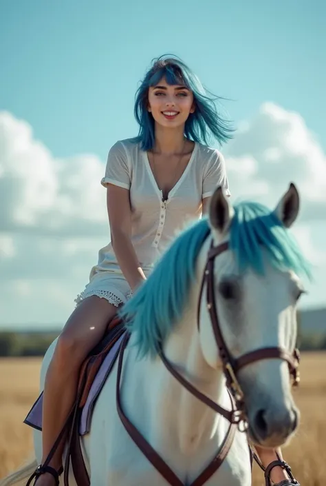 girl 25 years old,  with blue hair just above the shoulders of European appearance sitting on a white horse . A blue horse has a blue mane .  The horse slowly moves to the left causing joyful emotions in the girl looking at the camera