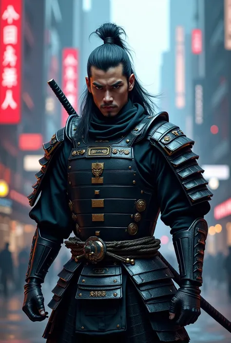 Male samurai wearing virtual black hair eye