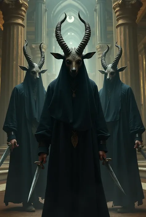 men wearing goat face mask and  having the knife  in the hand the character reference  wearing the magic court 