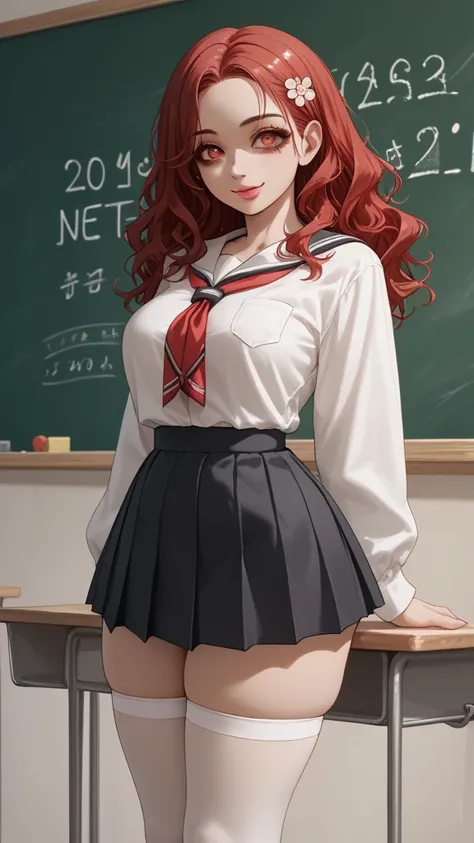 18 year old anime girl, long wavy red hair ,  reddish eye color . 
 white shirt school uniform with small tile ornaments,  black skirt with fine white stripes on the edge ,  white knee-length stockings.
Full lips with pink lipstick , coy little smile.  orn...