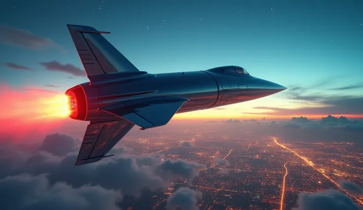 A sleek, chrome rocket ship soaring above a futuristic city, with a glowing, neon-lit skyline beneath a starry electric blue sky. The scene is captured in wide Panavision 70 with a glowing sunset casting long shadows over the horizon, emphasizing the sleek...