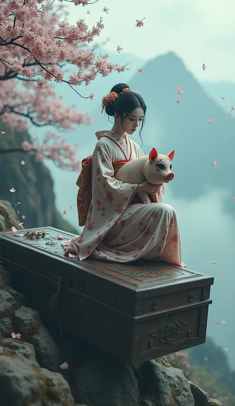  a Japanese woman，Japanese geisha dress up， exquisite makeup ， kneels on top of an ancient, strange and mysterious coffin，Holding a pig wearing a Japanese devil in his arms， The coffin hangs in an eerie and scary mountain ，The mountain is full of cherry bl...