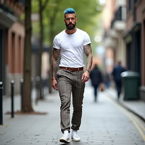  full body.  walking down the street .  Mens short blue hair style high fade tousled , Ragnar Lodbrok handsome face ,  moustache Italian style beard , muscular.  defined jaw , tatuajes.  Wear a white t-shirt , , formal plaid pants and white sneakers.  He w...