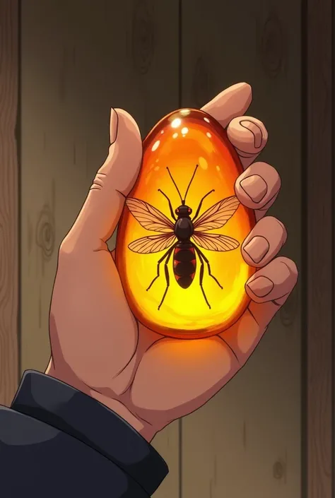 hand, amber with an insect inside between two fingers against the wall,  there is nothing but a hand holding amber with an insect inside in the scene,  Naruto anime drawing,  The scene takes place in a room 