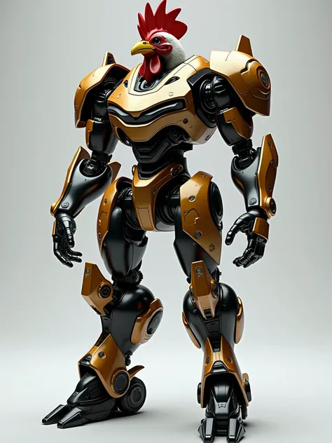 C4D Modeling，UE5 Rendering，A mecha with a chicken head ， fine internal parts， anthropomorphic structure ，Transparent housing，Mechanization， with a color matching paint mainly in black and gold，Full of details， realistic lighting ，Ray tracing effect， cyberp...