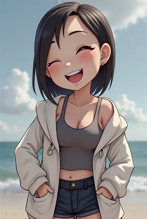 Full Body Shot 、 top quality ,  realistic ,  High Definition , 8k RAW,  1 girl,、 chubby body,Big Breasts:1.8(Super beautiful)、( beautiful face:1.3)、Laughter、Innerwear is a tank top、Outerwear is a hoodie、 is wearing a hoodie、 shorts、 sandy beach、 standing、 ...