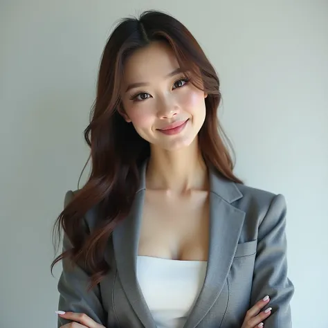 (Photorealistic 8K RAW) sexy linkedin profile photo. Side facing camera chest out shoulders back pose. 18y China women with a 14y face. Big double lid eyes. Long and extremely thick fake upper eyelashes on upper eye lid. Extremely Prominent high nose bridg...