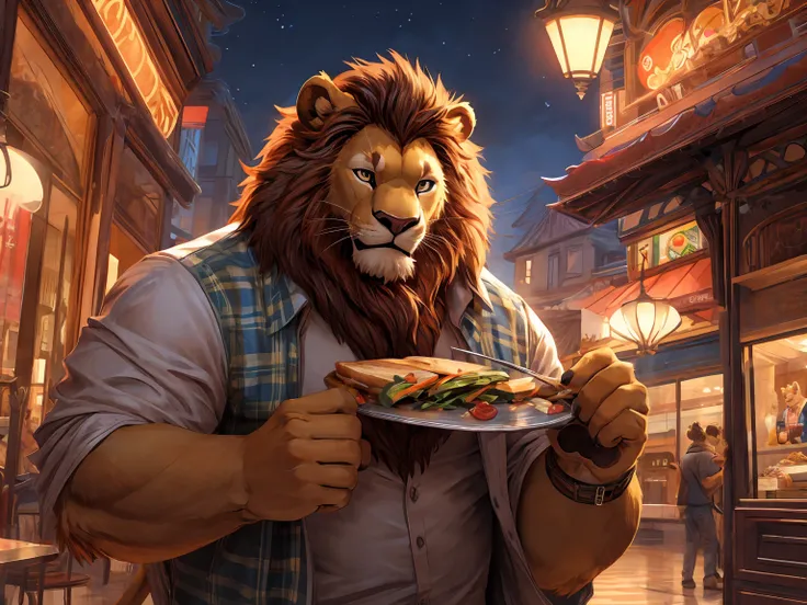 lion, brown fur, solo, paw pads details, cover page, top quality, paid reward available, unparalleled masterpiece, perfect artwork, Eating a sandwich, at night, in Food court, curious, easygoing, masterpiece, (16K), HD, Various facial details, detailed bac...