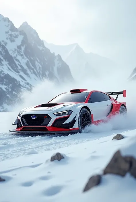  realistic photo ,  futuristic concept car , Subaru Motors , rally na neve,  white with matte red details,  fleeing an avalanche 