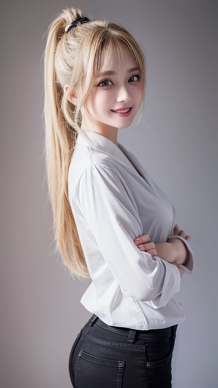  1 girl、 Bright Eyes ,  high definition ,  anatomically correct, 最 High Quality ,  High Definition Model,  high detail,  High Quality 、 Japanese Model、 Grin, Blonde、 shirt 、black skinny pants、 ,  bun hair,  ponytail, 閉じた目, 