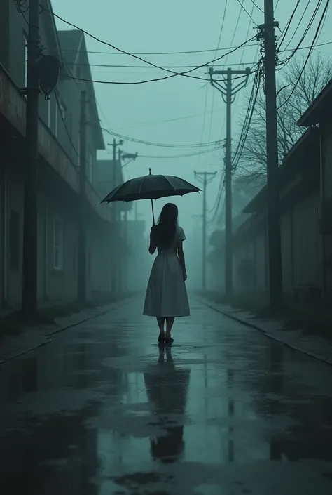 a nurse walking down a deserted, gloomy street looking back with an umbrella in her hand