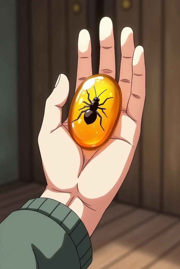 hand 5 fingers, white, amber with an insect inside between two fingers against the wall,  there is nothing but a hand holding amber with an insect inside in the scene,  Naruto anime drawing,  The scene takes place in a room 