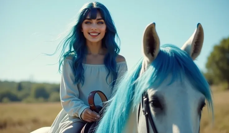 girl 25 years old, with dark blue hair just above his European-looking shoulders, he sits on a white horse. A blue horse has a blue mane .  The horse slowly moves to the left causing joyful emotions in the girl looking at the camera