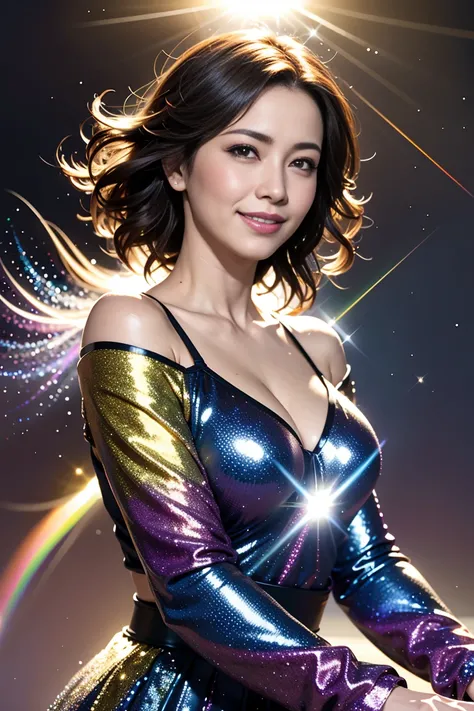 1girl, smile, iridescence, dramatic angle, space, (floating colorful sparkles:1.3), Dramatic Lighting, Chiaroscuro, Evocative Depth