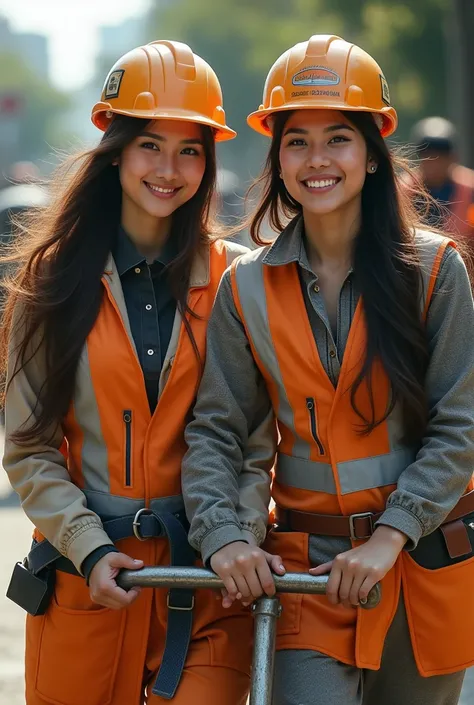 2 beautiful Indonesian women with white ,35 years old with long brown hair and a handsome Indonesian guy 35 years old is white, they were wearing a building worker costume complete with a head protection helmet .The two women were riding and sitting in an ...