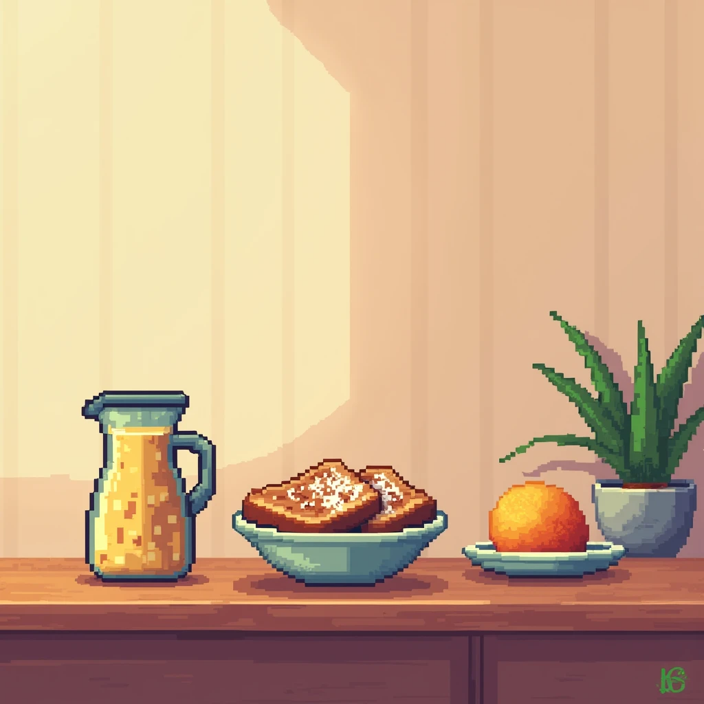  A pixelated table with a bowl of French toast sprinkled with sugar and cinnamon, next to a Stardew Valley-style tropical juice jug 