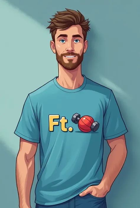  male physiotherapist , white-skinned, inviting,  blue eyes,  with his work uniform and on his t-shirt it says Ft. in a cartoon with a therapy ball or dumbbells, as if Santiago Fernández were in a rehabilitation center 