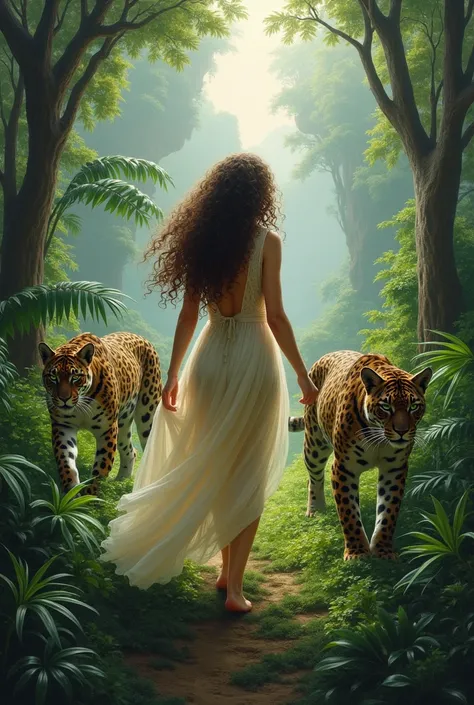  Dream painting of a curly brown woman ,  who is stalked in a natural place by jaguars, Pumas and Panthers .