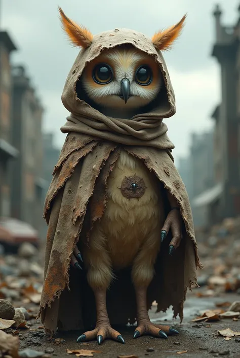 Create a realistic costume design of an owl character with her clothes torn and gnawed in an apocalyptic environment