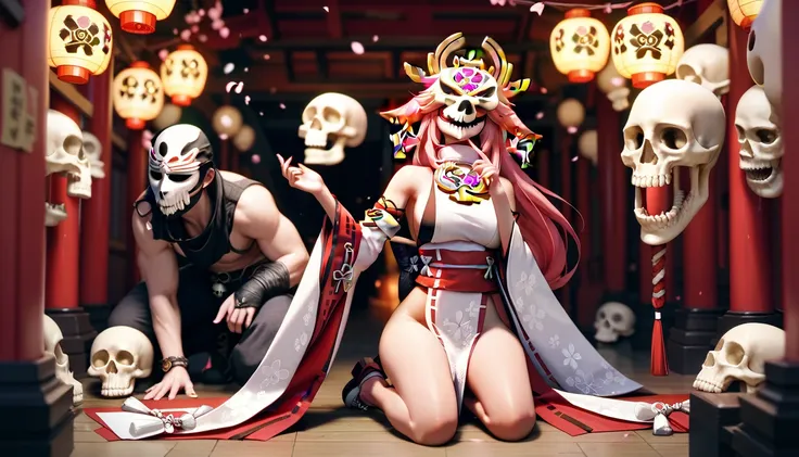  Yae Miko，Kneeling， 000 Japanese girls wearing skull masks ，