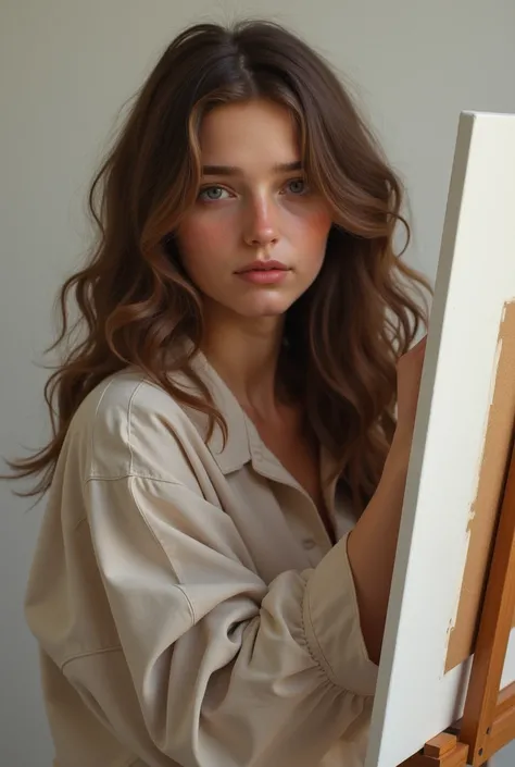  ,  wavy brown hair painting on a canvas on an easel,  realistic image 