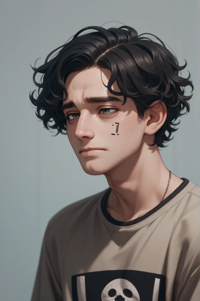  Normal male human character who appears to have an enormous ego, Be sad ,  curly black hair and light brown skin,  dark circles with a light smile , best qualitye, aesthetics,  high resolution, best quality