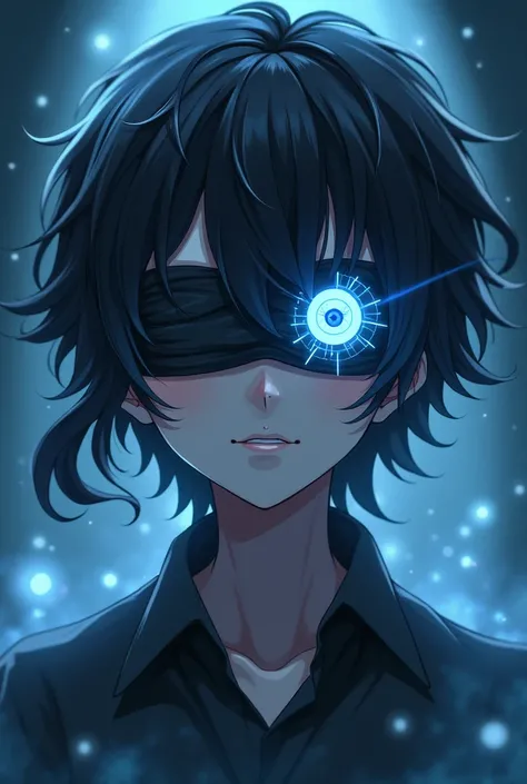  Black-haired anime teen , blindfolded and a third eye on the forehead