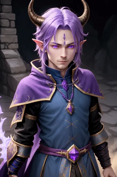  a draconic blue with purple, high, his purple eyes , With wizard clothes and horns