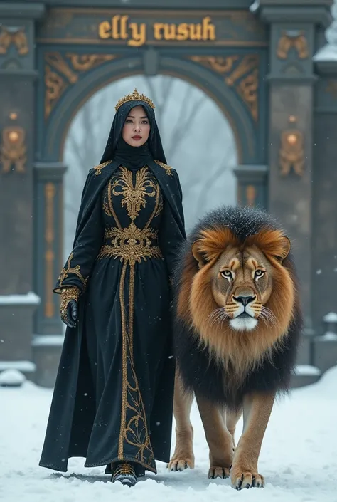 Hyper realistic image of 40-year-old Indonesian female empress, Tall and large body,  wearing a black gold colored hijab , full body shot , the womans face is very clear ,  face facing the camera,  scene featuring a large lion roaring angrily,  Lion must w...