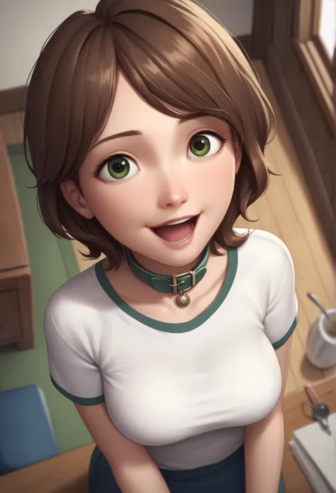  masterpiece , best quality ,  highly detailed , score_9, score_8_above, score_7_above, score_6_above,source_anime,BREAK
 class , 1 , jewelry, Alone,  brown hair, collar,large breasts,  to smile,  green eyes,  short hair, shirt, blurry,  Open mouth,  looki...